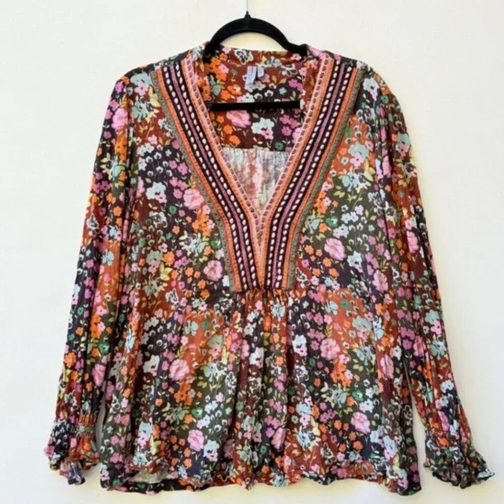 Blank London Womens 1X Long Sleeve Multicolor Boho Chic Floral Peasant Blouse